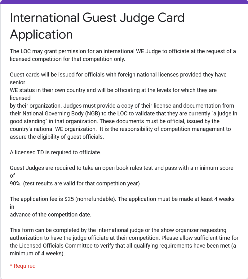 International Judge's Card Application